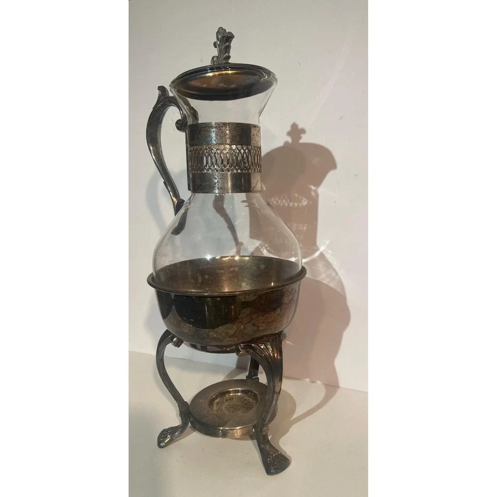 Vintage Silver Plate and Glass Coffee Tea Carafe Warming Stand